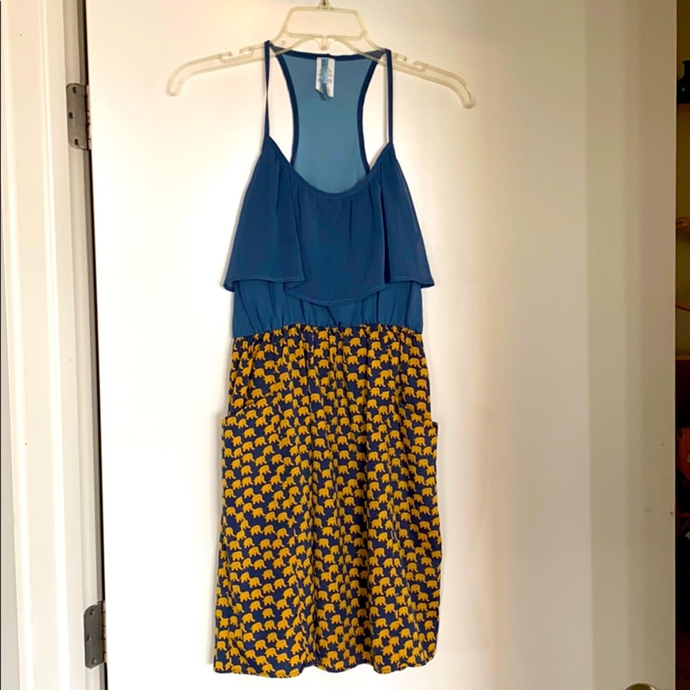 Blue and yellow elephant dress with pockets